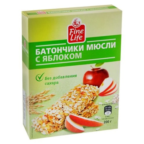 Файн Лайф Батончики мюсли с яблоком, источник клетчатки, 25 гр. Германия