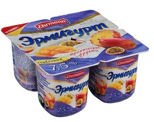 Ehrmann Эрмигурт йогурт Тропические фрукты 7.5% 4х115г 460г Ehrmann Эрмигурт йогурт Тропические фрукты 7.5% 4х115г 460г