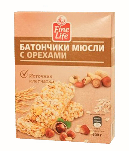 Fine Life батончики мюсли с орехами источник клетчатки 25г