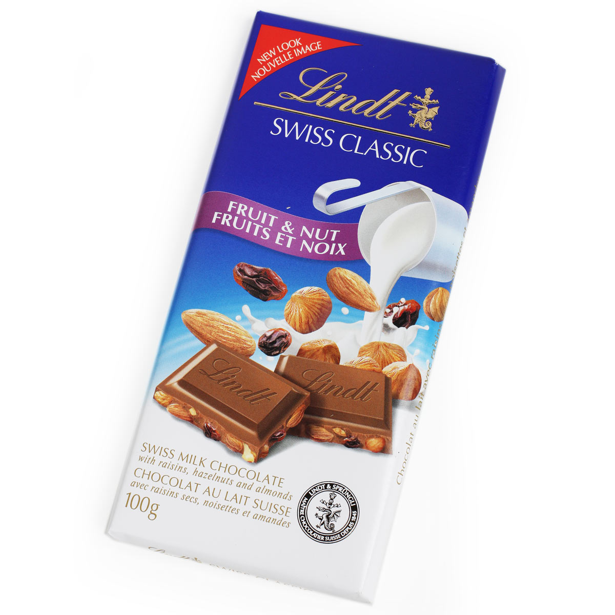 LINDT шоколад Линдт молочный с изюмом фундуком и миндалем 100г