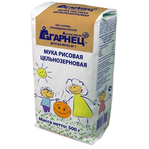 Гарнец мука рисовая цельнозерновая, без глютена, 500 гр.