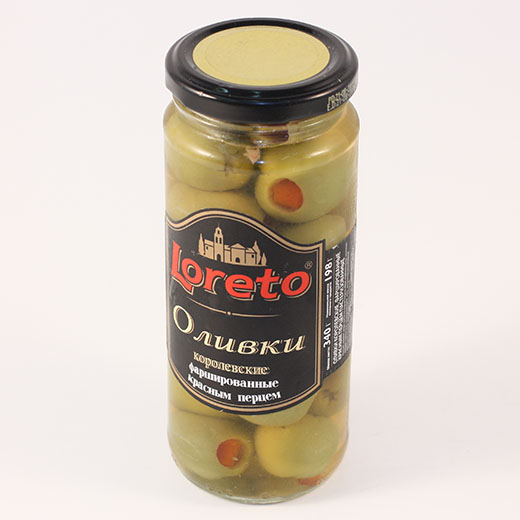 Loreto Оливки зеленые королевские с паприкой Стекл. банка 340 г.