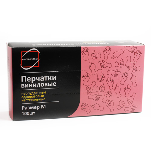 Перчатки виниловые неопудренные размер М Континент 100шт