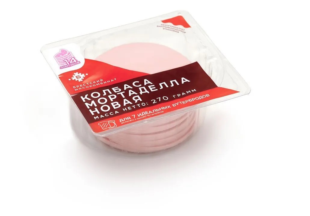 Колбаса мортаделла новая в нарезке 270г Брестский МК Колбаса мортаделла новая в нарезке 270г Брестский МК