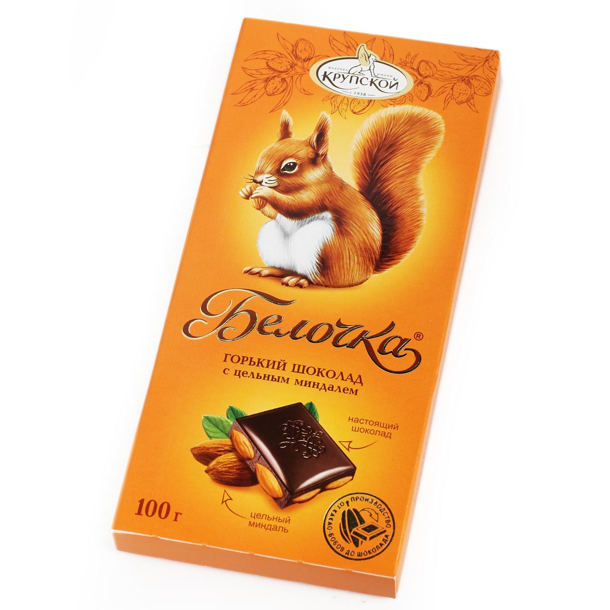 Шоколад Белочка с цельным миндалем горький Фабрика Крупской 100г
