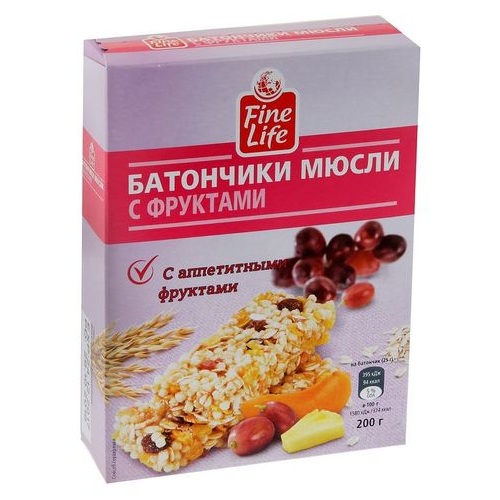 FINE LIFE Батончики мюсли с фруктами, источник клетчатки, 25 гр. Германия