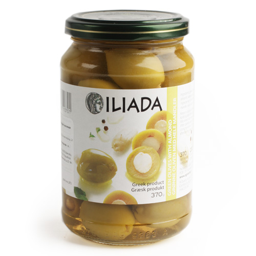 ILIADA оливки зеленые крупные без косточки с миндалем 370г ILIADA оливки зеленые крупные без косточки с миндалем 370г