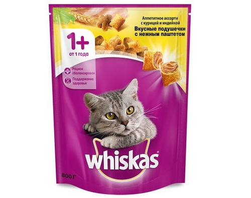 Whiskas сухие подушечки паштет мясное ассорти 800г