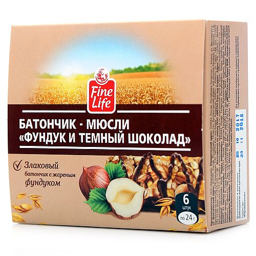 FINE LIFE Батончики мюсли с жареным фундуком и шоколадом 24г
